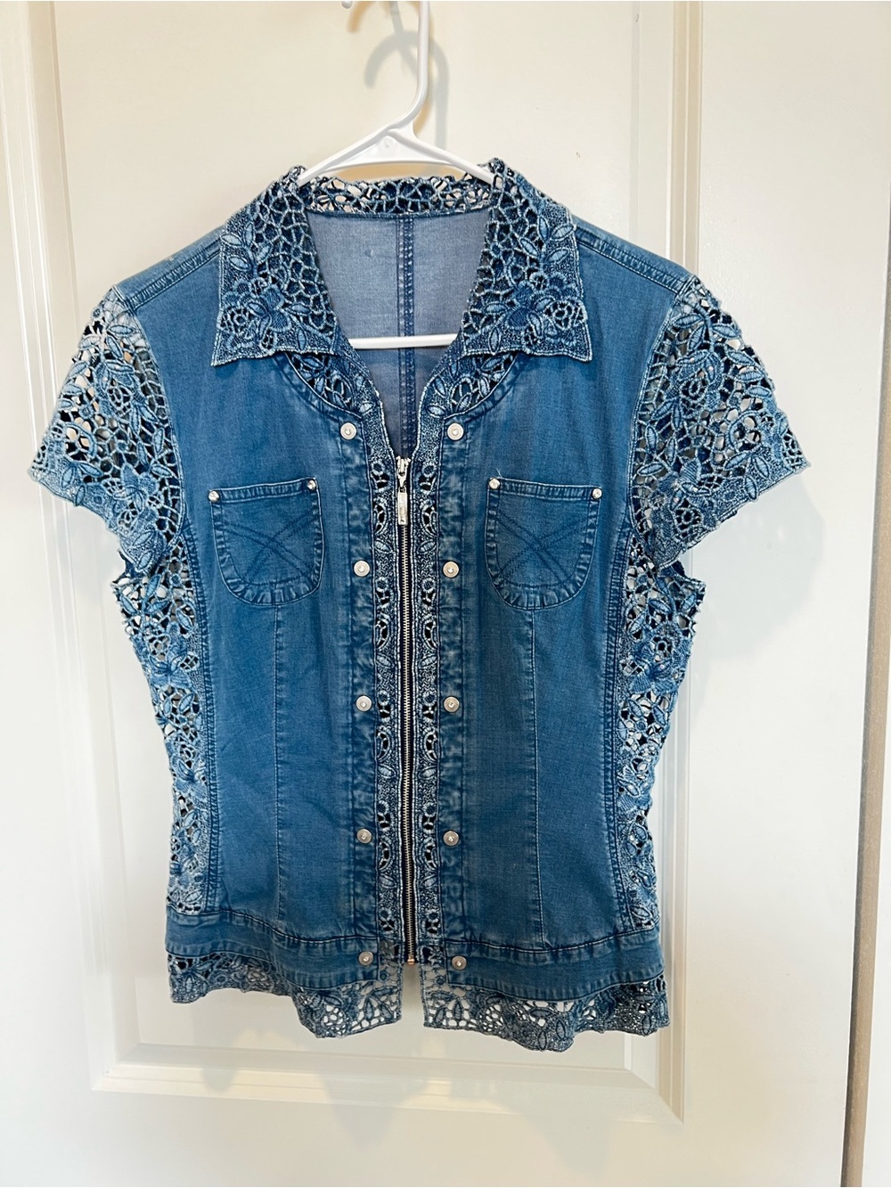 Lafei-Nier Denim Short Sleeve Button-Up with Lace Accents